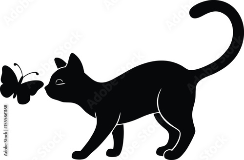 Black cat silhouette curiously sniffing a butterfly on a white background