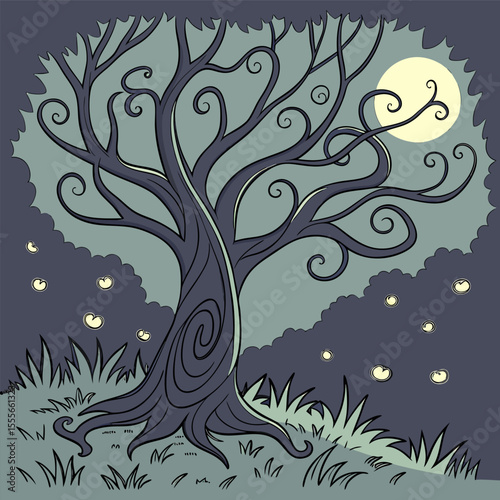 An enchanted tree with twisted branches, glowing fireflies surrounding it., illustration of a tree	vector tree