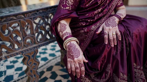 Elderly indian woman proudly displaying intricate mehndi designs, adorned with traditional bracelets, sitting gracefully on ornate bench during cultural celebration