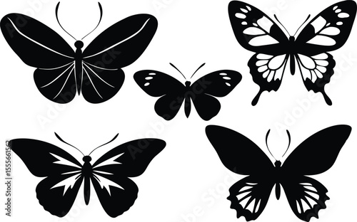 Collection of five black silhouette butterflies with detailed wing patterns on white background