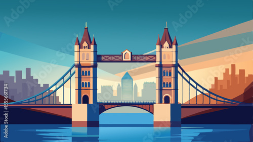 Stylized depiction of a bridge with city skyline in the back landscape illustration