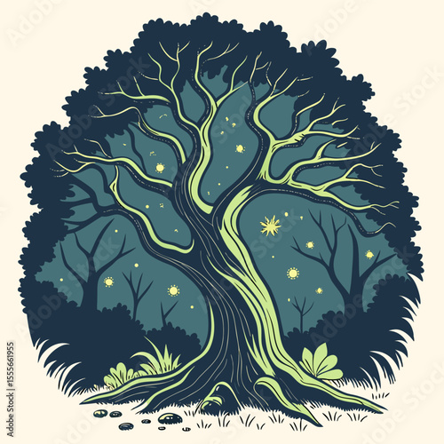 An enchanted tree with twisted branches, glowing fireflies surrounding it., illustration of a tree	vector tree