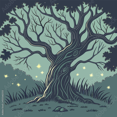 An enchanted tree with twisted branches, glowing fireflies surrounding it., illustration of a tree	vector tree