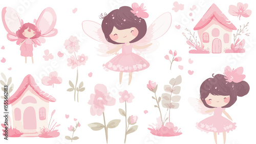 Cute Fairies and Houses in Pastel Colors Watercolor Illustration