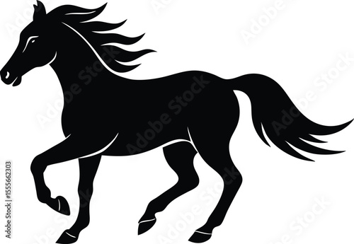 Elegant black silhouette of a galloping horse with flowing mane and tail