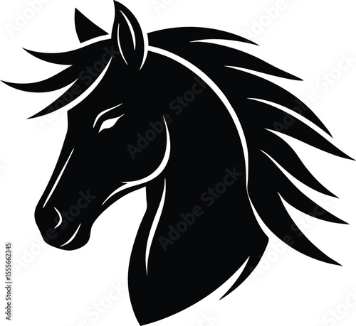 Stylized black horse head silhouette with flowing mane on white background