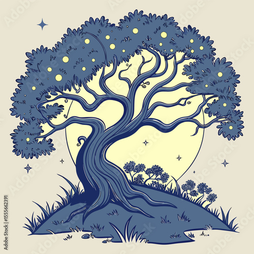 An enchanted tree with twisted branches, glowing fireflies surrounding it., illustration of a tree	vector tree