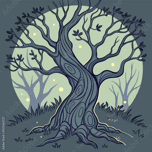 An enchanted tree with twisted branches, glowing fireflies surrounding it., illustration of a tree	vector tree