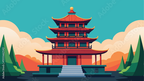 A pagoda with trees and clouds against a colorful sky scene landscape illustration