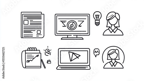 Line art icons depicting business, planning, idea generation, and women professionals.