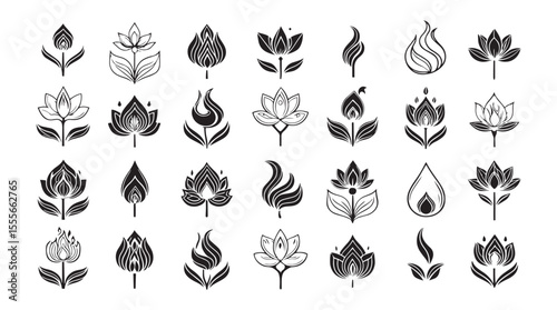 Collection of stylized floral and flame motifs in a distinctive silhouette style