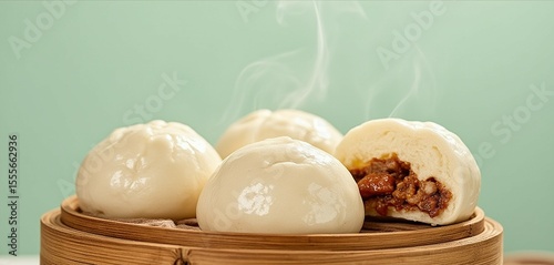 Steamed bao buns with fillings in bamboo steamer
