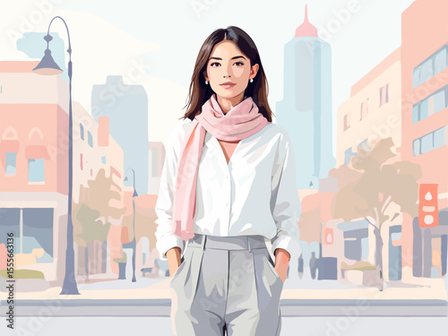Young woman standing confidently in city street wearing a scarf  