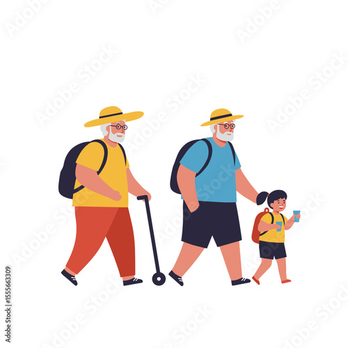 Elderly couple walking with girl in summer hats and backpacks outdoors  