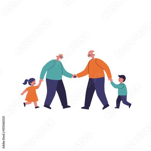 Active grandparents walking and holding hands with grandchildren  