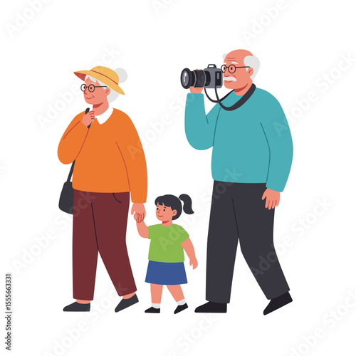 Active grandparents walking with granddaughter and taking photos  