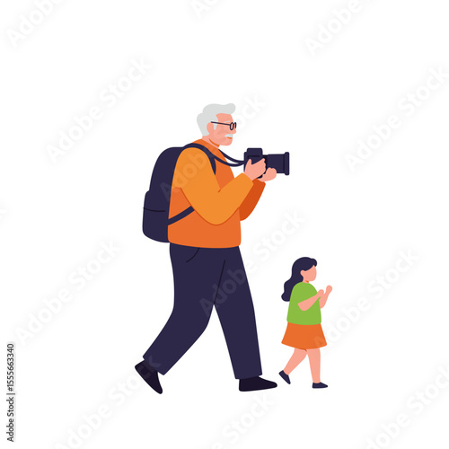 Elderly man taking photos with camera while walking with girl  
