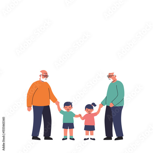 Grandparents holding hands with grandchildren and smiling together  