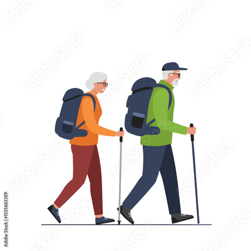 Active senior couple hiking with backpacks and trekking poles in nature  
