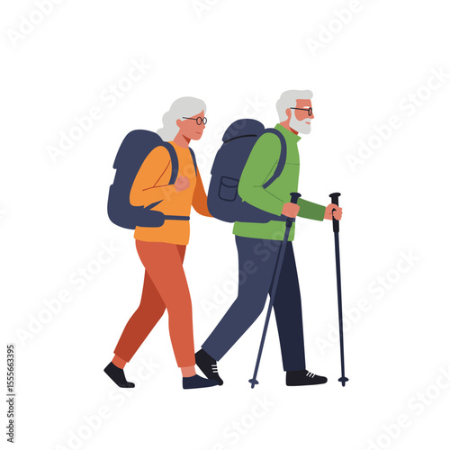 Elderly couple hiking together with backpacks and trekking poles  