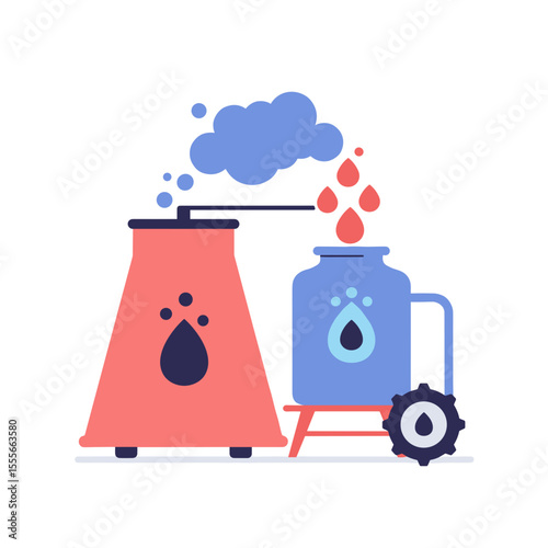 Biofuel production equipment with colorful containers and steam  