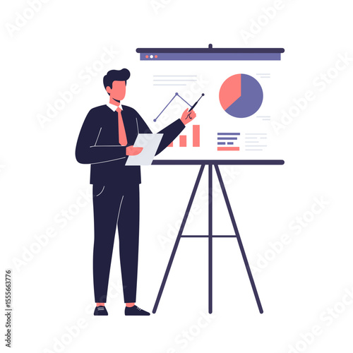 Businessman presenting data analysis on a flip chart in a meeting  