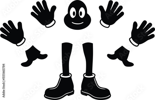 Happy cartoon character with multiple waving hands and legs in boots