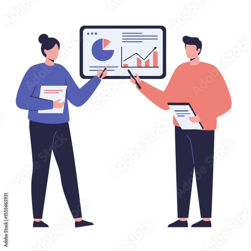Business mentor presenting data analysis on screen with colleague  