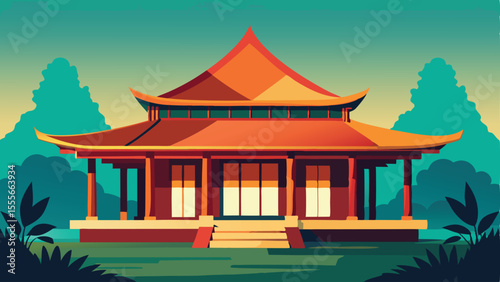 A traditional asian building with trees and a blue sky view landscape illustration