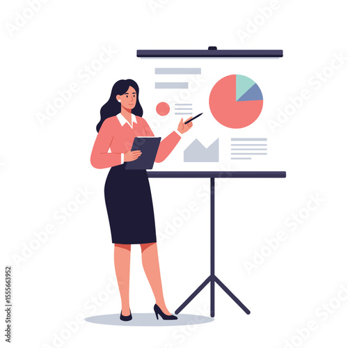 Businesswoman giving presentation with chart on flip chart  