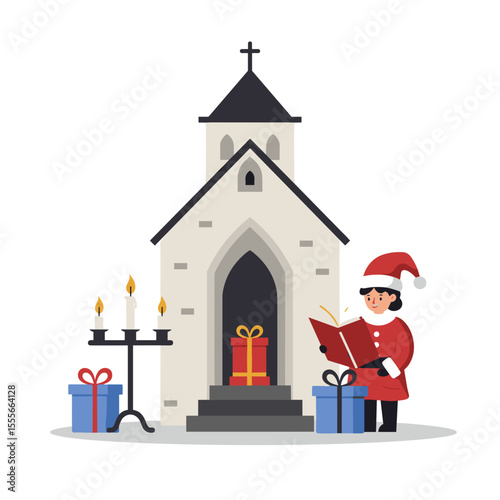 Young boy in Santa costume reading a book by church on Christmas Eve  