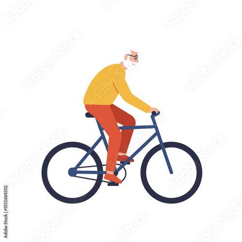 Elderly man riding a bicycle with a joyful expression in summer  