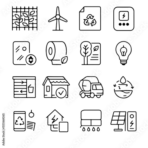 A collection of eco-friendly icons symbolizing sustainable practices, renewable energy, environmental conservation, and green initiatives to promote ecological responsibility. 