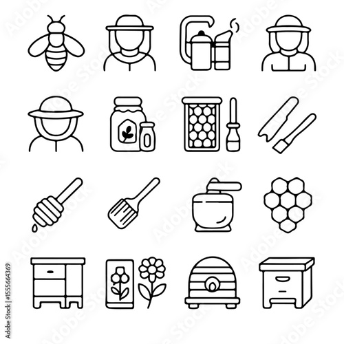 A meticulously crafted set of line icons on the theme of beekeeping, a comprehensive collection of symbols from hive to honey, and beekeeper with the tools of their trade.