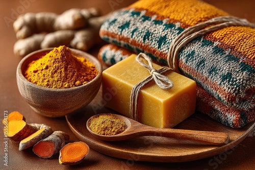 Brightly colored turmeric and handmade soap sit elegantly on woo