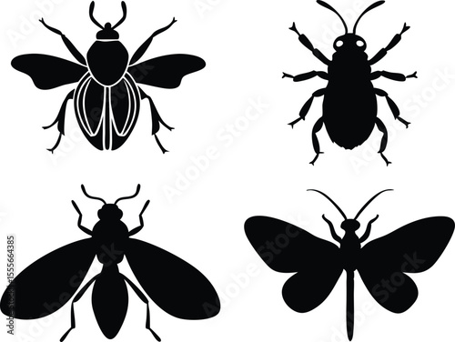 Collection of six stylized black insect silhouettes on a white background