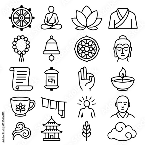 A comprehensive collection of meticulously designed Buddhist iconography elements, rendered in a minimalist line art style, ideal for spiritual and design projects. This image brings a sense of peace.
