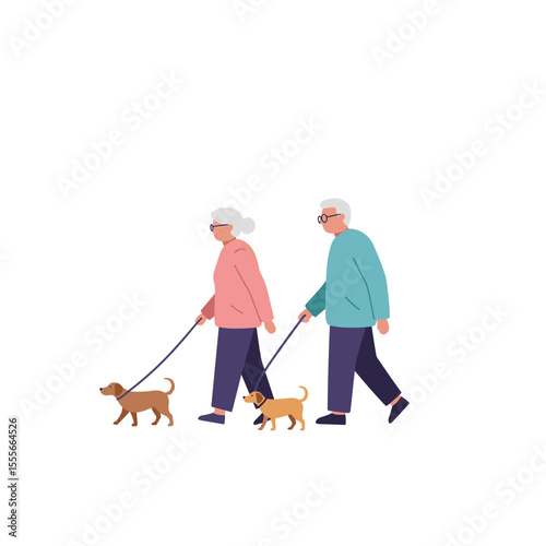 Elderly couple walking their dogs together in a casual outdoor setting  
