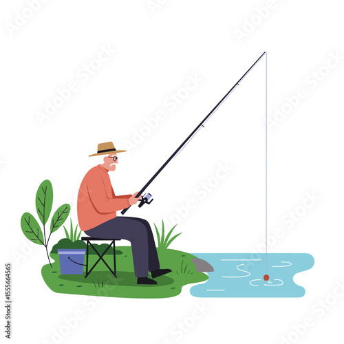 Elderly man fishing while sitting on the bank of a river  