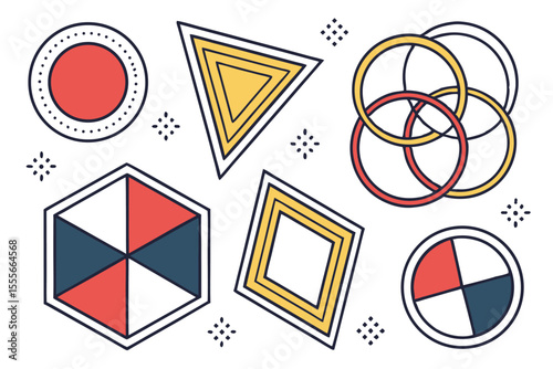 Collection of abstract geometric shapes with bold outlines and flat colors