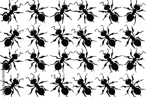 Seamless pattern of stylized black ants on a white background