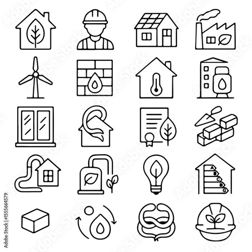 Eco-friendly icons representing sustainable living, renewable energy, and green architecture. The image showcases a collection of eco-friendly icons representing key elements.