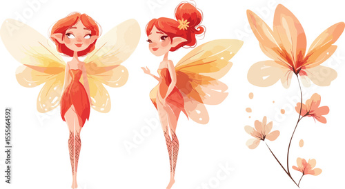 Two cute fairy girls with wings and a flower illustration