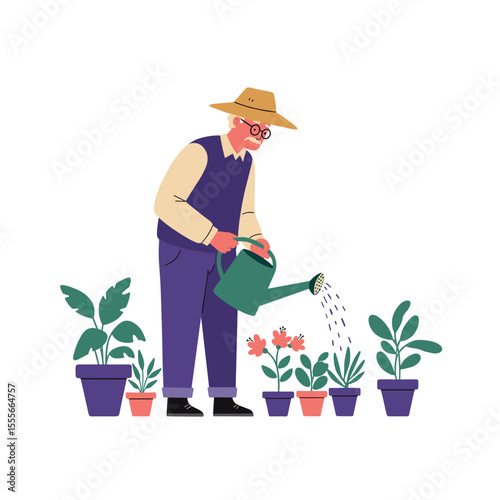 Elderly man watering indoor plants in casual attire and straw hat  