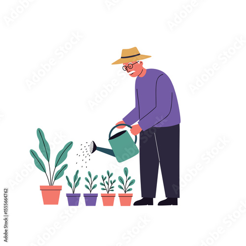 Elderly man watering potted plants with a watering can at home  