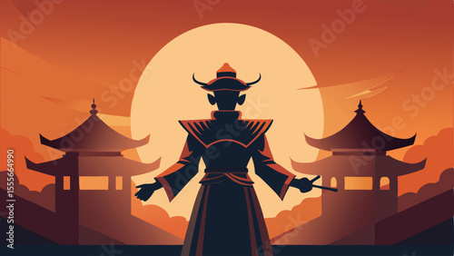 Silhouette of a figure before a sunset with temple structures landscape illustration
