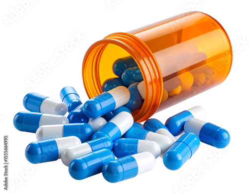 Spilled Prescription Bottle with Blue and White Capsules, isolated on transparent background