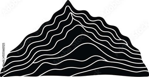 Abstract black mountain peak with flowing white contour lines on white background