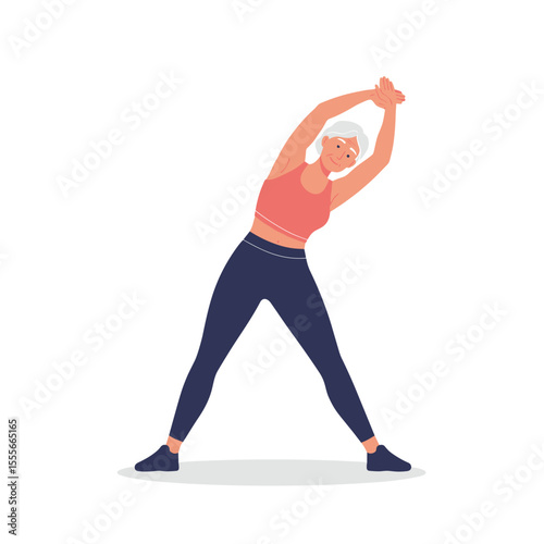 Fit elderly woman stretching her body in athletic wear indoors  