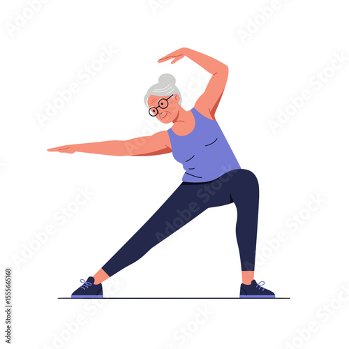 Active elderly woman stretching in sportswear indoors  
